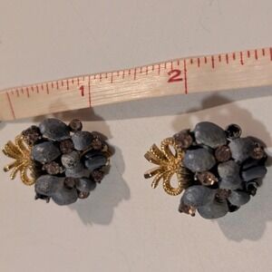 Vintage Blue Floral Cluster Clip On Earrings Gold Tone Bow Rhinestone Accents